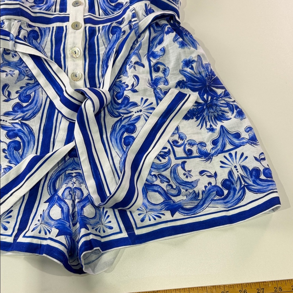 FARM Rio Blue and White Floral Stripe Belted Romper - Picture 4 of 14